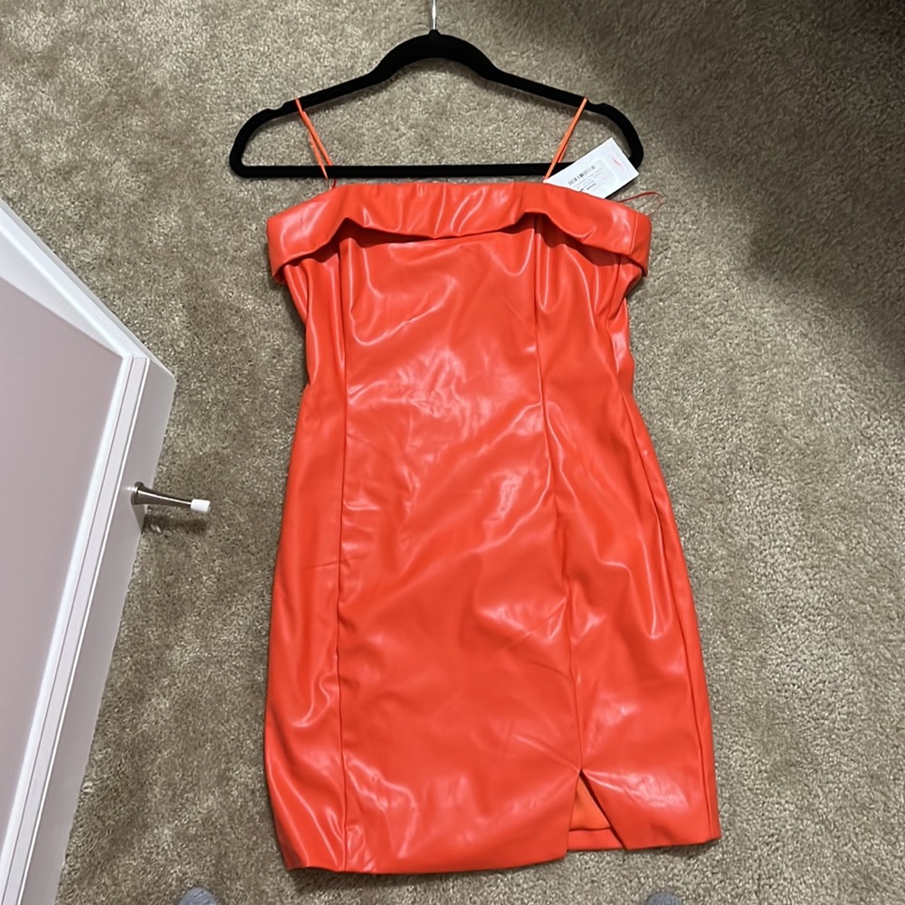 Orange pleather dress with slit